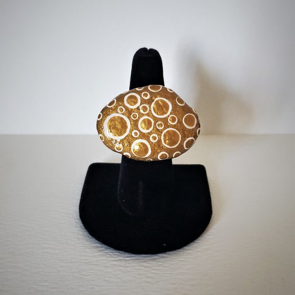 Hand Painted Dot Art Gold and Parchment Statement Ring, Cocktail Ring - Picture 1 of 9